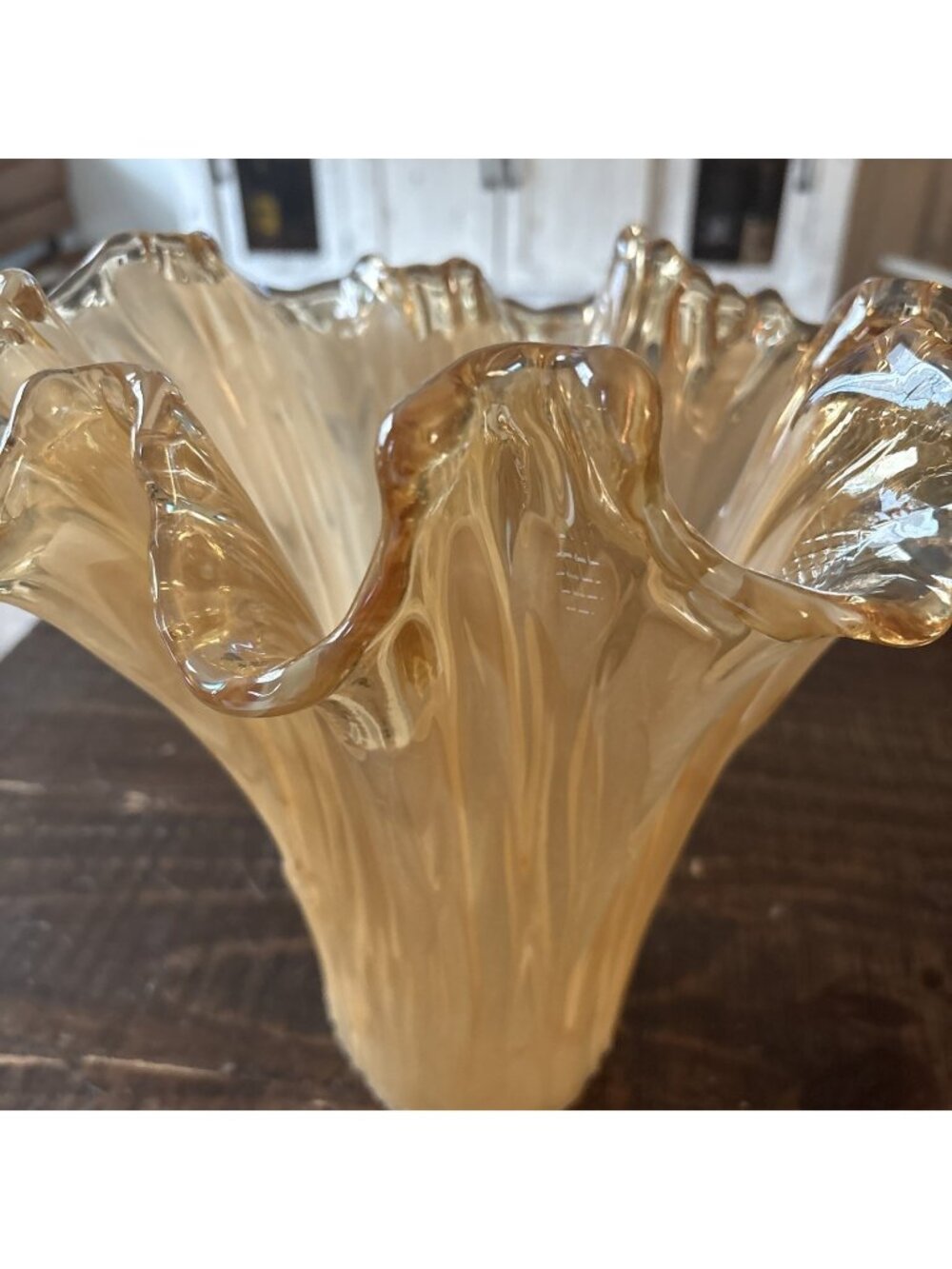Murano Style Ruffled Vase Amber Yellow 11.25”H x  9”-Gorgeous!
